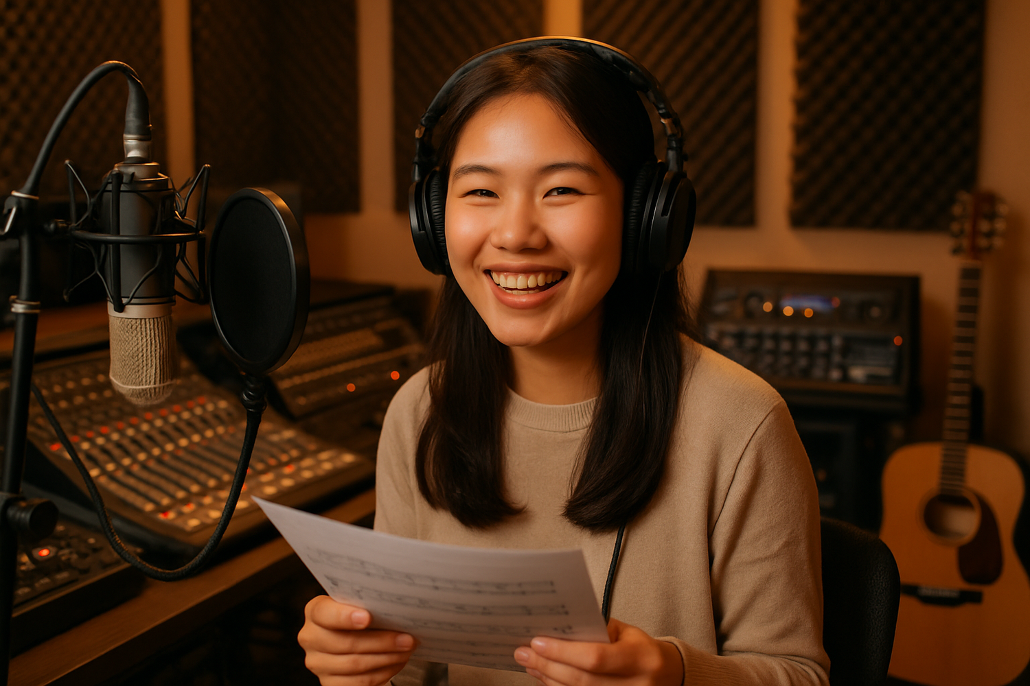 happy asian girl  in a music studio